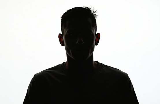 Studio shot of anonymous young man. Profile view. Backlit silhouette against white background. Serious expression. Possible use for social media marketing materials related to anonymity mystery. Used
