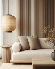 Elegant and Minimalist Living Room Design Featuring Natural Textures and Warm Tones