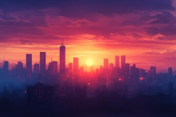Sunset cityscape with orange and pink hues over modern skyline
