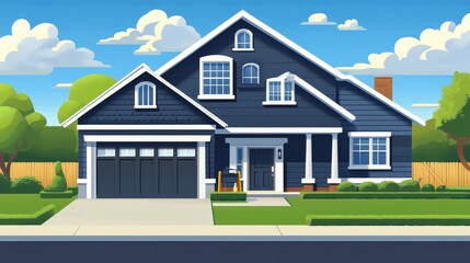 During the evening, a modern suburban ranch-style house has its blue-gray exterior encircled by prairie grassland.