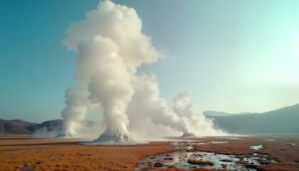 Geothermal field under clear sky. Steam vents release plumes of white vapour. Natural landscape with dry brown earth. Mountains in background. Geologic activity evident. Impressive natural energy