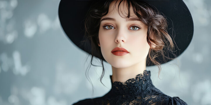 Beautiful young woman in hat and Victorian vintage retro dress, costume ball, style reconstruction