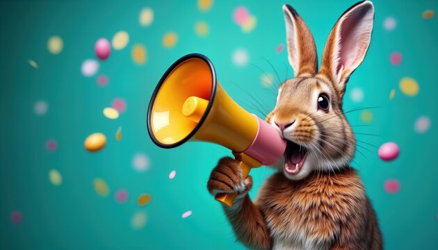 Crazy easter bunny shouts with megaphone. Festive animal holds loudspeaker. Promoting special offer vacancy. Holiday marketing concept. Vibrant colours. Celebration theme. Action photo for ad.