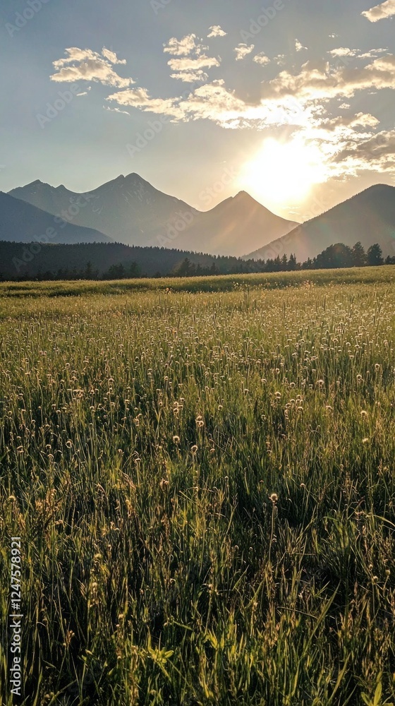 Poster sunlight spills over towering mountains as it sets behind peaks, illuminating a lush meadow filled w