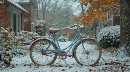 Fototapeta premium A vintage bicycle rests in a snowy landscape, surrounded by autumn leaves.