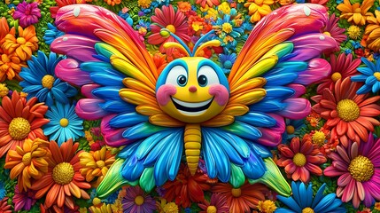 Obraz premium Colorful cartoon butterfly with a joyful expression surrounded by vibrant flowers in a playful garden scene
