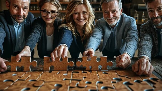 Teamwork Makes the Dream Work: A group of diverse professionals working together, fitting puzzle pieces, symbolizing unity, collaboration, and the power of working towards a common goal.