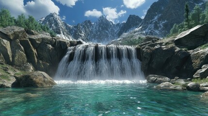 Fototapeta premium Serene Mountain Waterfall Landscape: A Breathtaking View of Nature's Majesty