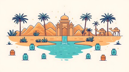 Obraz premium Majestic Desert Oasis with Ornate Mosque and Camel Caravan at Sunset