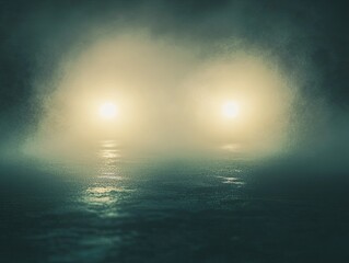 Eerie Headlights Piercing Through a Thick, Ominous Foggy Night
