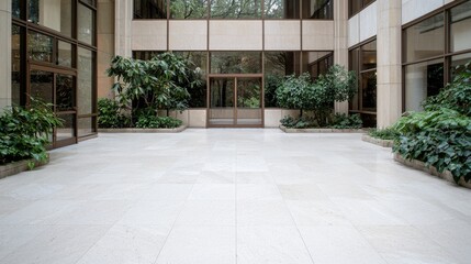 Modern building atrium, plants, tranquil space, exit, office background