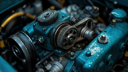 Close-up teal engine gears, workshop background, industrial detail