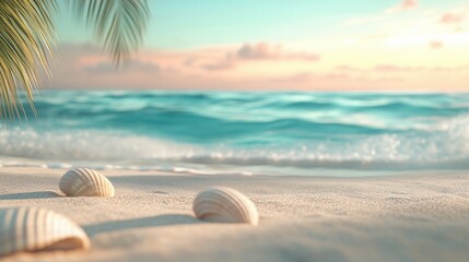 Obraz premium Tranquil beach with seashells and ocean waves at sunrise
