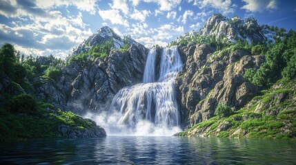 Majestic Waterfall cascading down rocky mountains into serene lake, a breathtaking natural wonder.