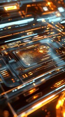 Futuristic Circuit Board with Orange and Blue Light Design