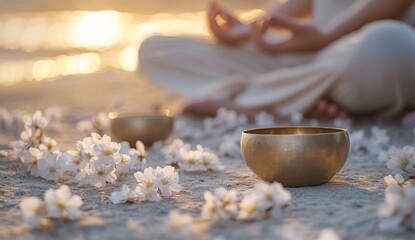 Beach sunset meditation, woman, singing bowls, flowers, serenity