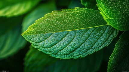 Close-up vibrant green leaf, nature background, healthy plant, botanical detail, fresh