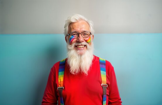 Senior man with rainbow face paint smiles directly at camera. Wears suspenders with rainbow stripes, red top. Expression joyful, celebratory. Likely at pride event in city. Gay man. Photo portrait