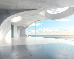 Serene Modern Architectural Space with Expansive Windows and Ocean Views