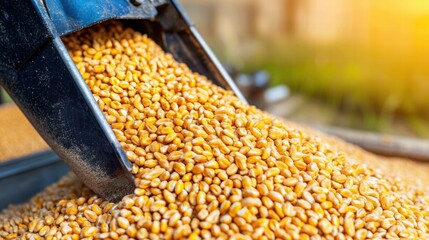 Golden Wheat Grain Being Poured from a Scoop in Bright Sunlight