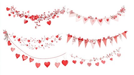 Festive bunting and garland set on white background, featuring cute party flags and holiday decorations, perfect for Valentine's Day, celebrations, and cheerful event themes.