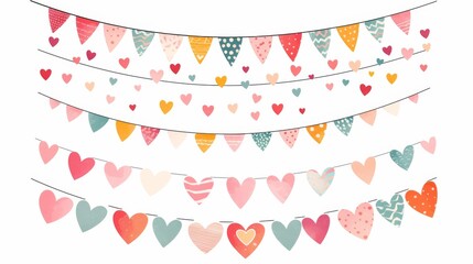Festive bunting and garland set on white background, featuring cute party flags and holiday decorations, perfect for Valentine's Day, celebrations, and cheerful event themes.