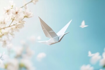 Origami bird spring blossom flight hope peace