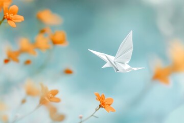 Origami bird flying, flowers, spring, peace, nature, hope, background, card