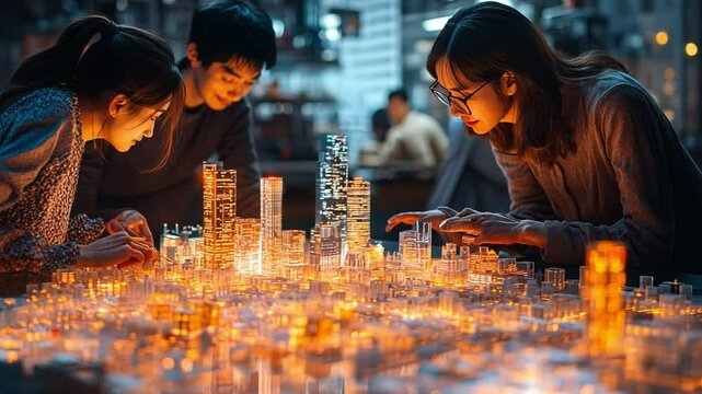City Planning: Architects or urban planners gather around a detailed miniature city, illuminated by soft, warm lights. They are meticulously examining the model, likely discussing designs, strategies.