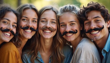 Happy friends pose outdoors at celebration. Smiling faces wear fun mustaches. Group looks joyful, united. Outdoor party atmosphere. Casual clothing. Friendship, fun evident. Event likely themed