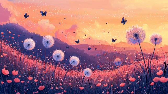 Fototapeta Sunset Meadow with Dandelions and Butterflies