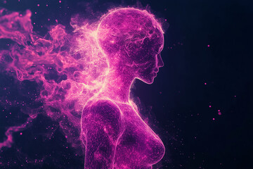 Glowing pink digital human body model isolated on a black background