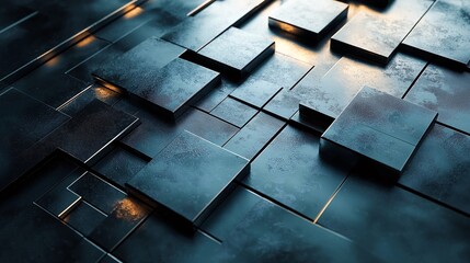 Abstract metallic blocks with lighting and metal texture