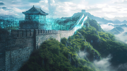 Fototapeta premium A historical event reimagined through the lens of cybersecurity, like the building of a digital great wall. Fairy Tale Reimagining. Illustration