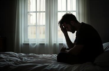 Depressed man sits sadly on bed in dark bedroom. Looks worried, pensive. Silhouette shows pain, loneliness in dimly lit room. Concept of mental health issue. Problem of insomnia, stress visible. Man