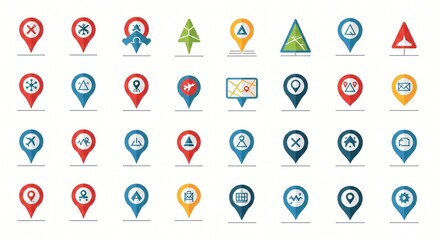 Flat-style location pins and map icons for travel or navigation themes