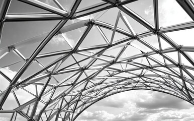 Future building visualized in black and white 3D rendering, featuring abstract metal structure and steel architecture design