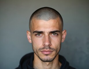 Fototapeta premium Young man with shaved head. Serious expression. Close-up view. Possible topic health issues personal style. Suitable for magazines, websites, social media concerning men health modern fashion. Image