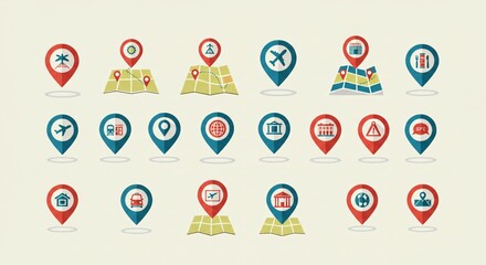 Flat-style location pins and map icons for travel or navigation themes