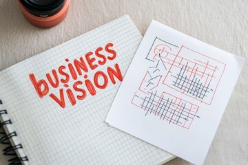 Business vision depicted through conceptual handwriting, captured on desk notebook paper, office paperboard, study supplies, and charts