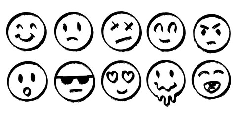 set of emoji in round shapes. different emotions for social media or banners. angry and happy faces in grunge style drawn by hand