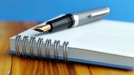 Elegant Fountain Pen on Empty Notepad with Blue Background
