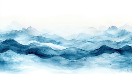 Fototapeta premium Watercolor Mountainscape, Misty Blue Ranges, Horizon View, Peaceful Scenery