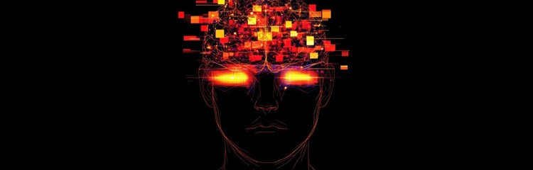 Fototapeta premium Abstract digital human head with glowing connections and a brain made of blocks on a black background Generative AI