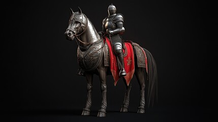 A knight in full plate armor sits atop a majestic warhorse, against a stark black background.  The horse is adorned with ornate armor and a red drape.