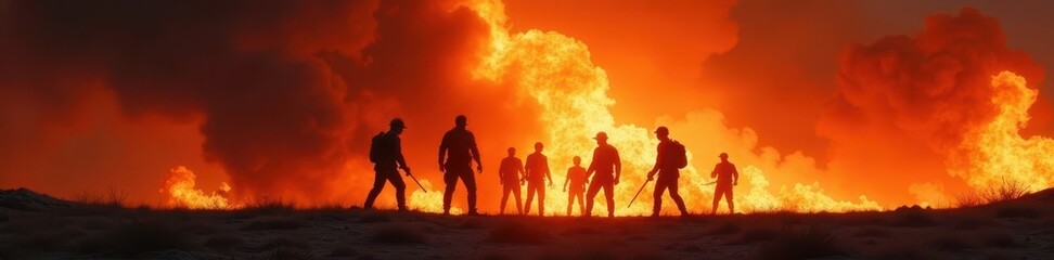 Fototapeta premium Black silhouettes against fire, brave figures combat fierce blaze, red, fire safety