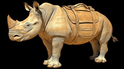 Fototapeta premium A large rhino, light tan in color, stands against a black background. It wears a tan leather saddlebag.