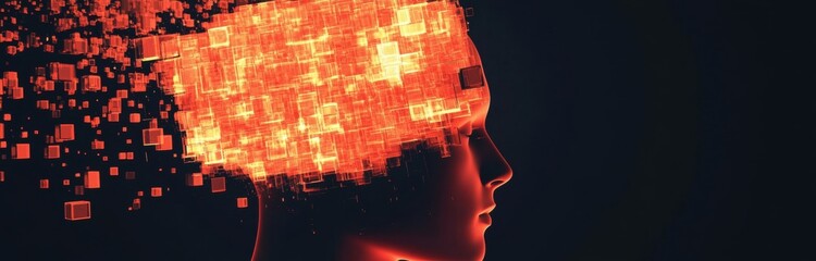 Obraz premium Abstract digital human head with a glowing brain made of blocks on a black background, an AI concept Generative AI