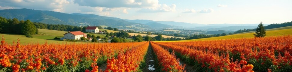 Fototapeta premium Expansive panorama of colorful farmland with young currant bushes , sunlight, healthy, wide