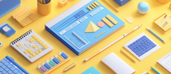 On a yellow background, the business and office supplies are set out in a flat lay, comprising charts, graphs, pens, and a notebook